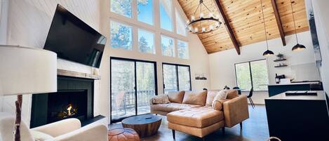 Smart TV, fireplace, books