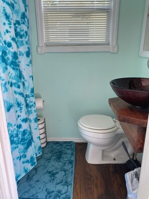 Un baño pequeño con inodoro, tocador de madera, cortina de ducha estampada en azul y alfombra hexagonal azul.