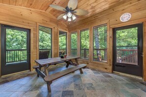 Cabin, Multiple Beds, Hot Tub, Mountain View (Treetop Paradise) | Living room | 50-inch flat-screen TV with digital channels, fireplace