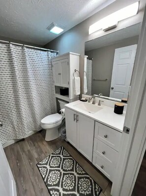 Shower, towels, soap, toilet paper
