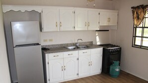 Una cocina con gabinetes blancos, un refrigerador, un lavamanos, una estufa y un cilindro de gas.