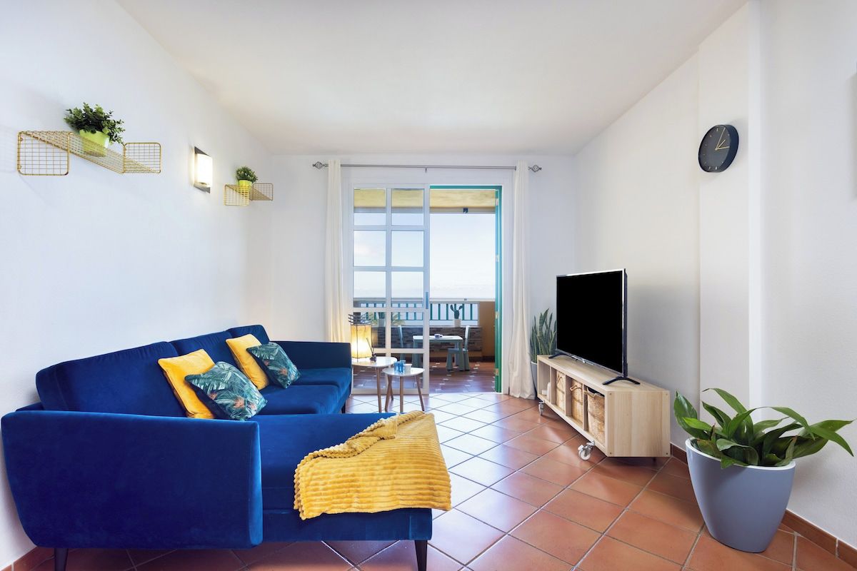 Un salon avec un canapé bleu, un téléviseur et une plante en pot.