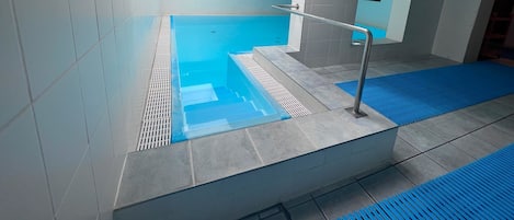 Une piscine dotée d’une enceinte en verre, d’une rambarde métallique et d’un tapis bleu au fond.