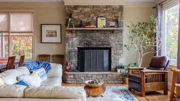 Smart TV, fireplace, video games, DVD player