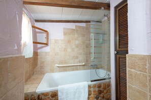 Combined shower/tub, hair dryer, towels