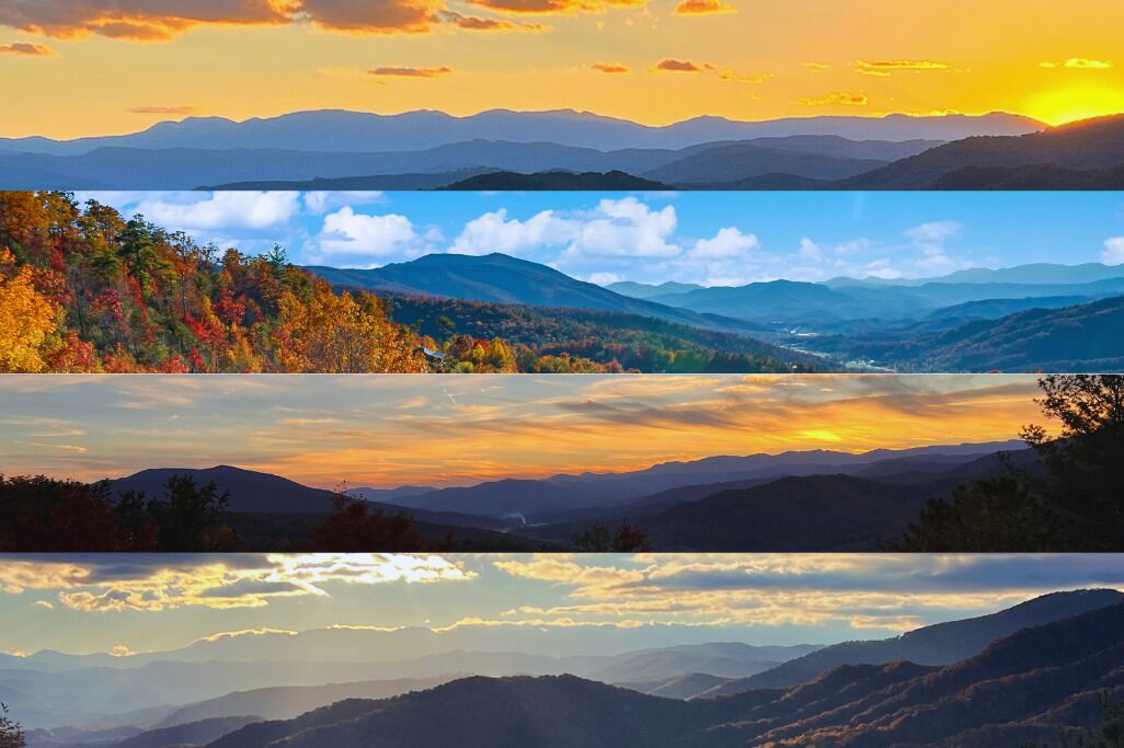 A panoramic view of a mountainous landscape with autumn foliage and a sunset.