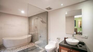 Ducha y bañera combinadas, secador de pelo, jabón y papel higiénico