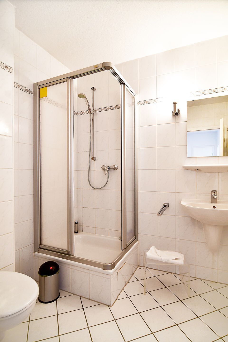 A bathroom with a glass-enclosed shower, a toilet, a sink, and a trash bin.