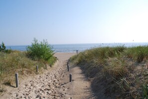 Een pad van zandstrand dat naar de zee leidt, omzoomd door gras en houten palen.