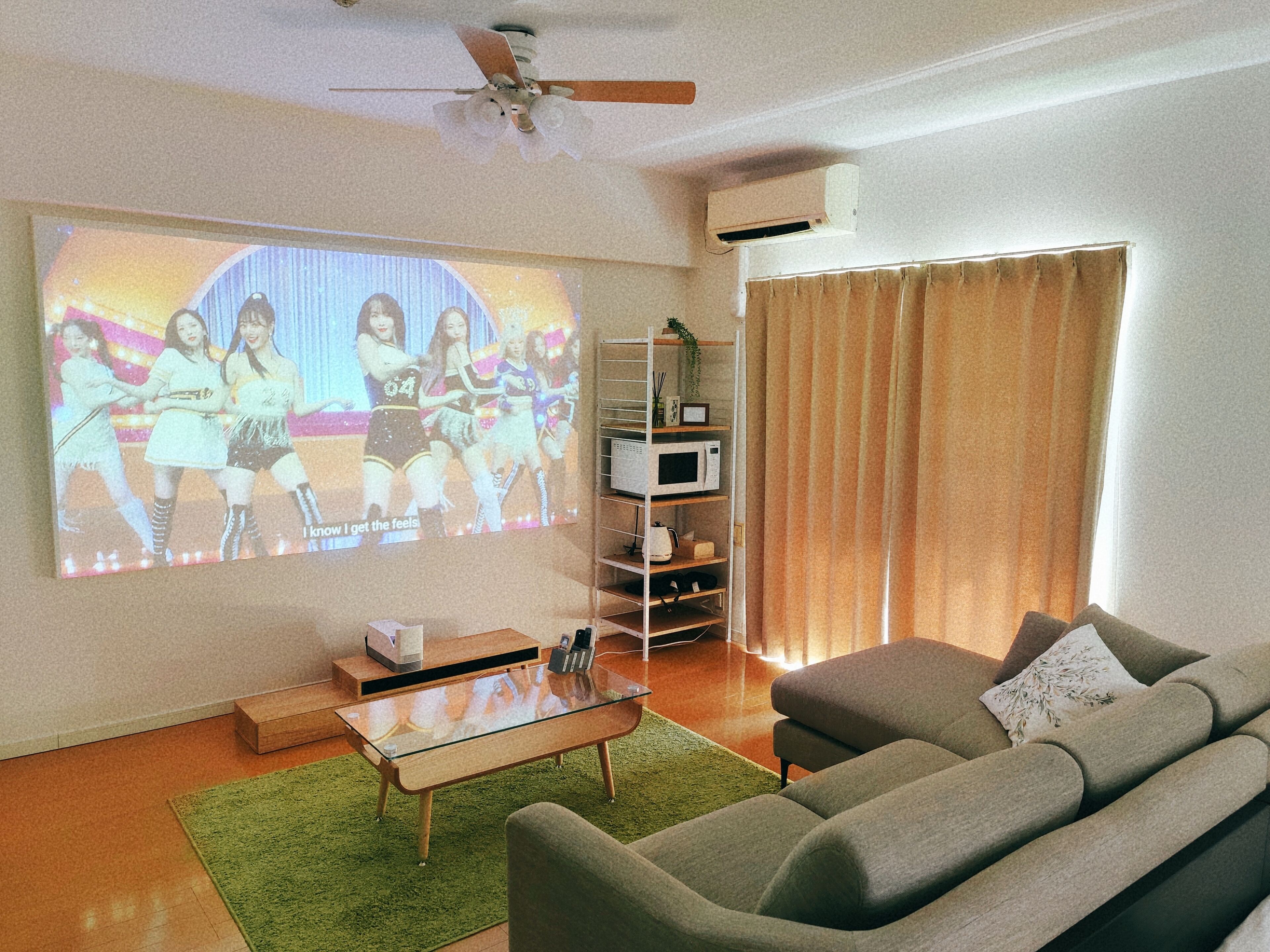 A living room with a flat-screen TV, a ceiling fan, a sofa, a coffee table, and a microwave.