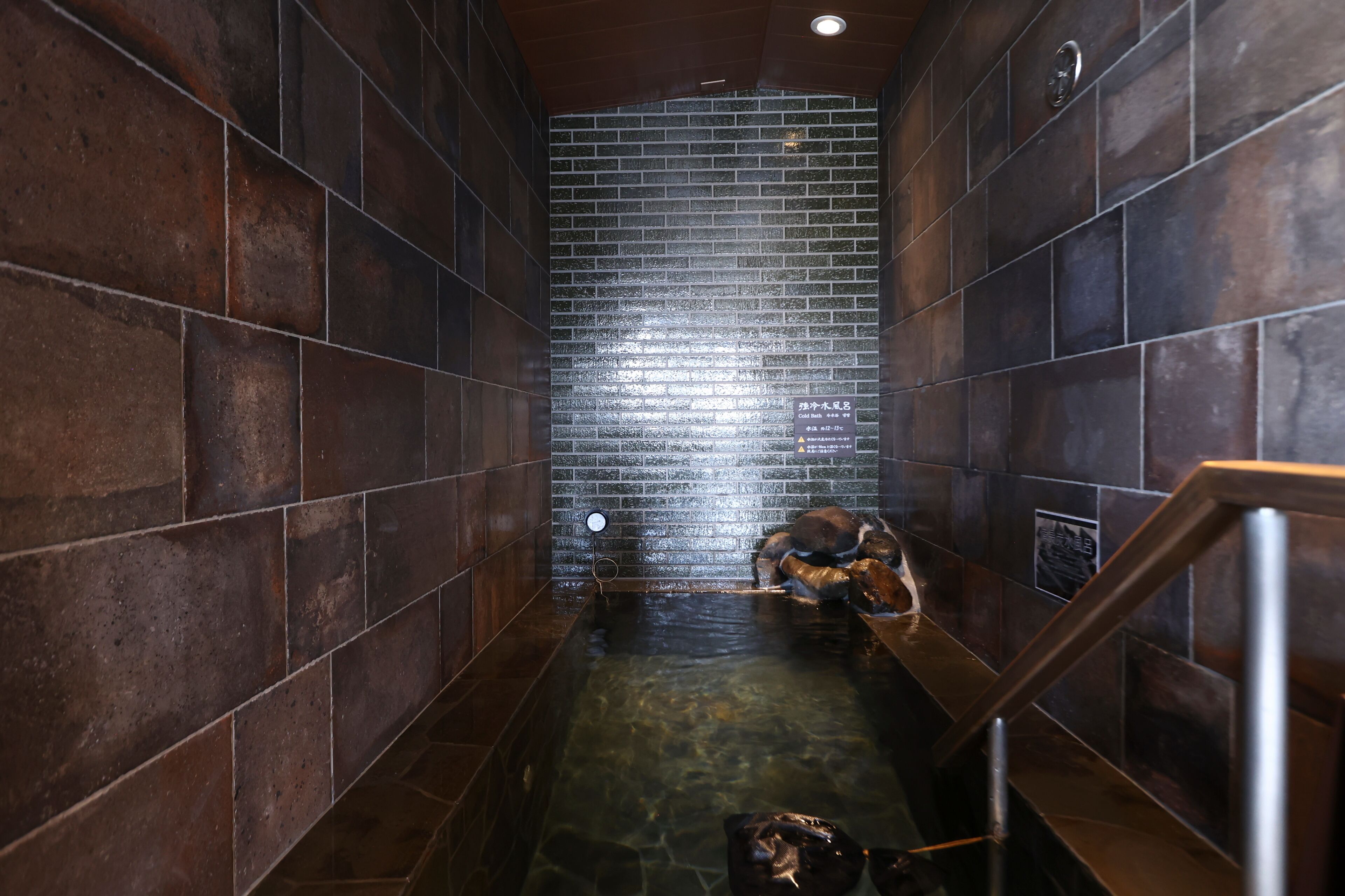 A narrow, tiled pool area with a metal staircase and a brick wall in the background.