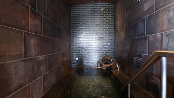 A narrow, tiled pool area with a metal staircase and a brick wall in the background.