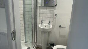 Une salle de bain avec une douche à parois de verre, un lavabo sur colonne et des toilettes.