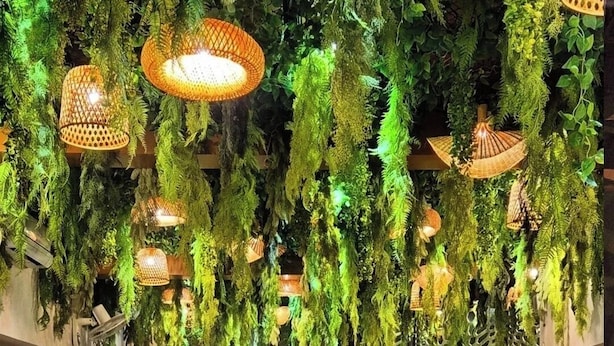 A restaurant with a long table layout, hanging green plants, and woven light fixtures. - Annandam Inn-Hotel Anand (Seoni)