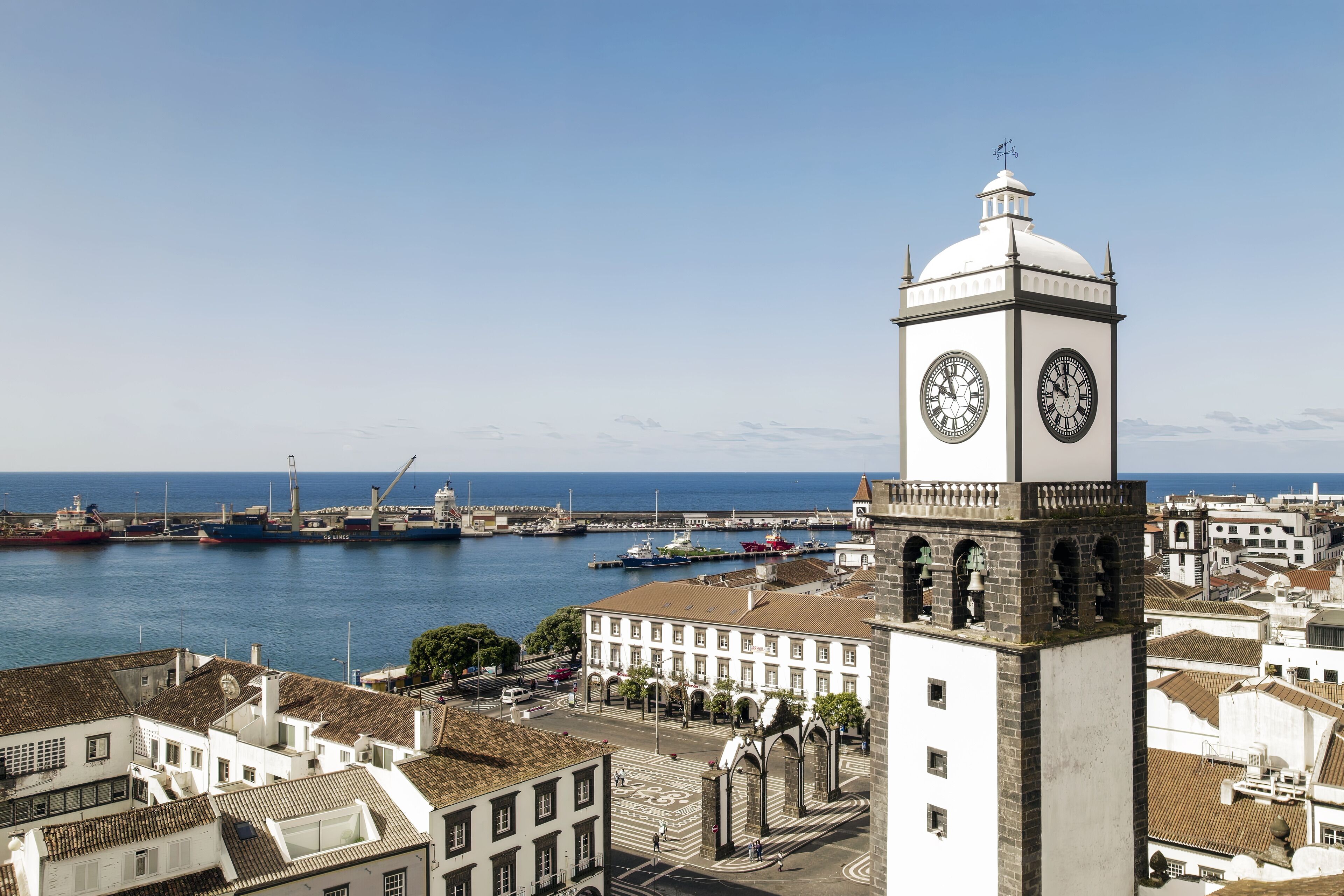 A historic tower with a clock, overlooking a harbor with boats and buildings.