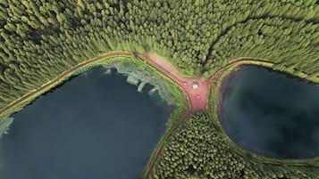 Eine Luftaufnahme eines Parks mit zwei Seen, einem zentralen Weg und dichter, umgebender Vegetation.
