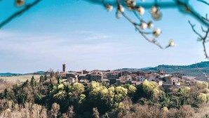 Un pueblo rural con edificios tradicionales, rodeado de árboles y campos abiertos.