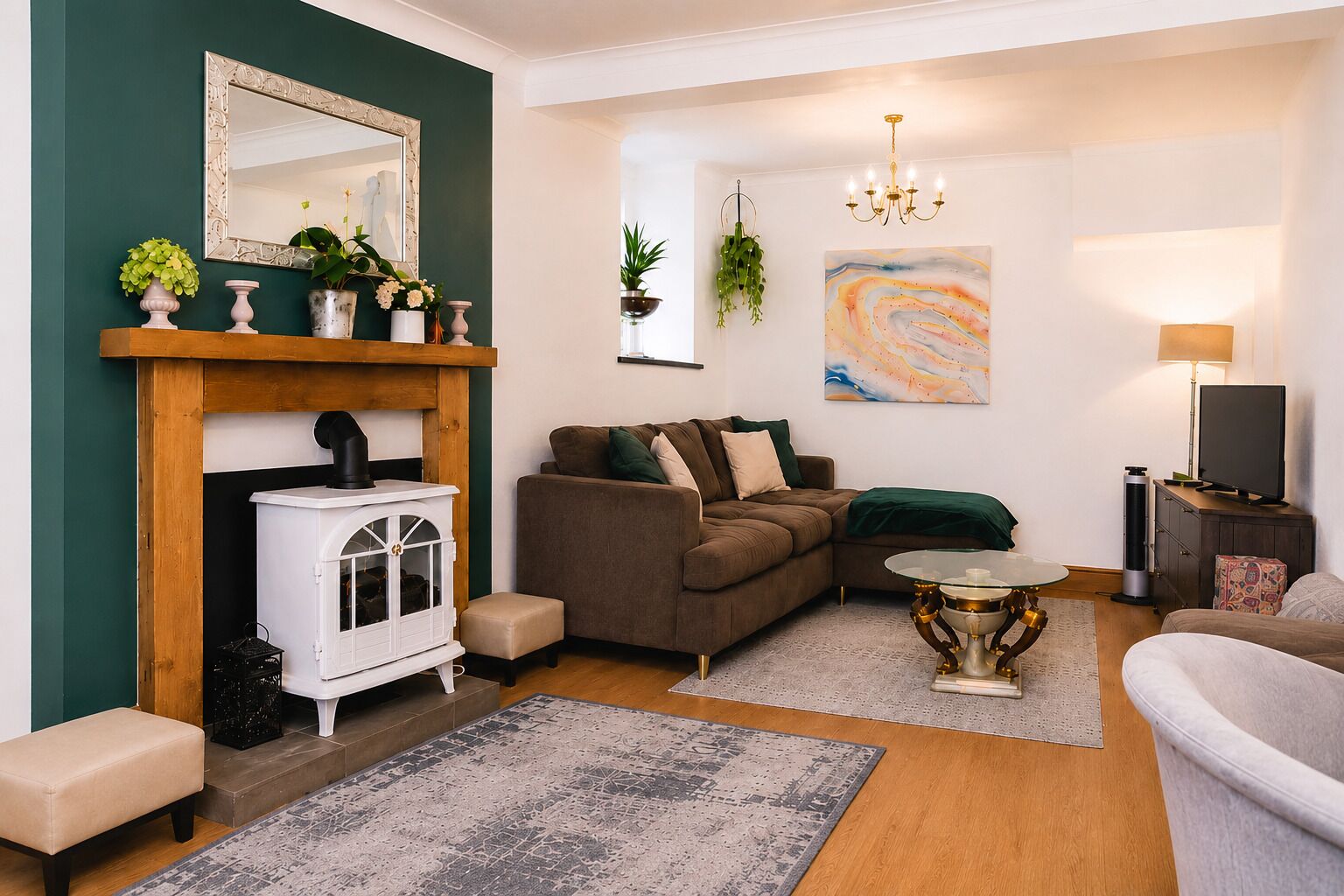 Älytelevisio, takka, DVD-soitin, työhuone