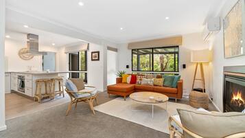 Smart TV, fireplace, DVD player, books