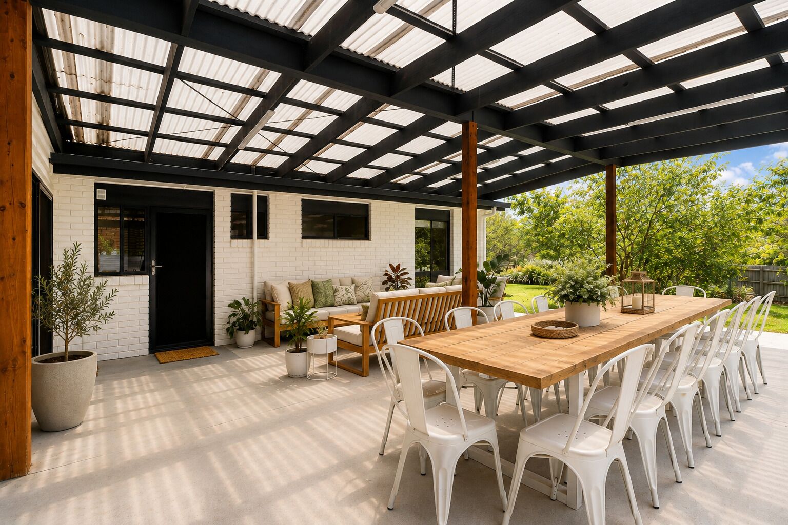 Une terrasse extérieure avec une table en bois et des chaises blanches, un canapé et des plantes en pot.