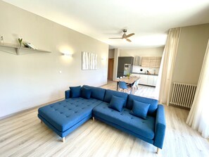 Smart TV, fireplace, books