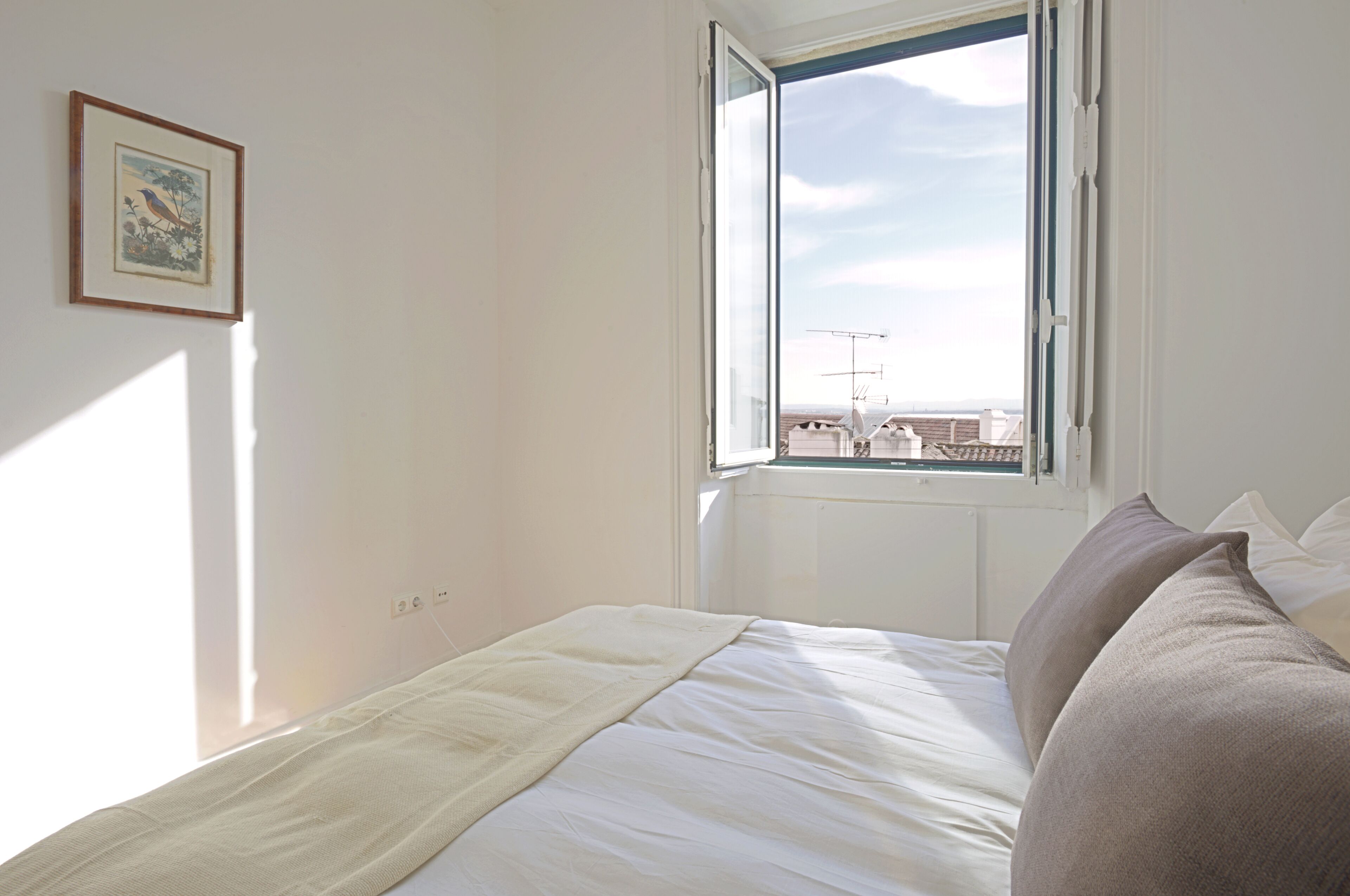 A bedroom with a bed, a window, and a framed picture on the wall.