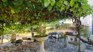 A stone-paved patio with a pergola covered in vines, outdoor furniture, and potted plants.