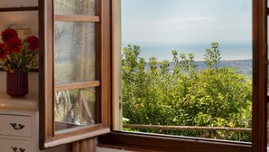 Una finestra aperta con vista su un paesaggio verdeggiante e un corpo d'acqua all'orizzonte.