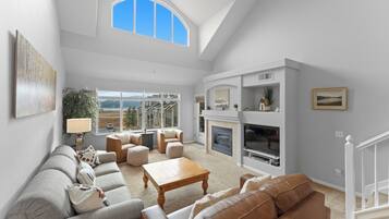 Smart TV, fireplace, DVD player, books