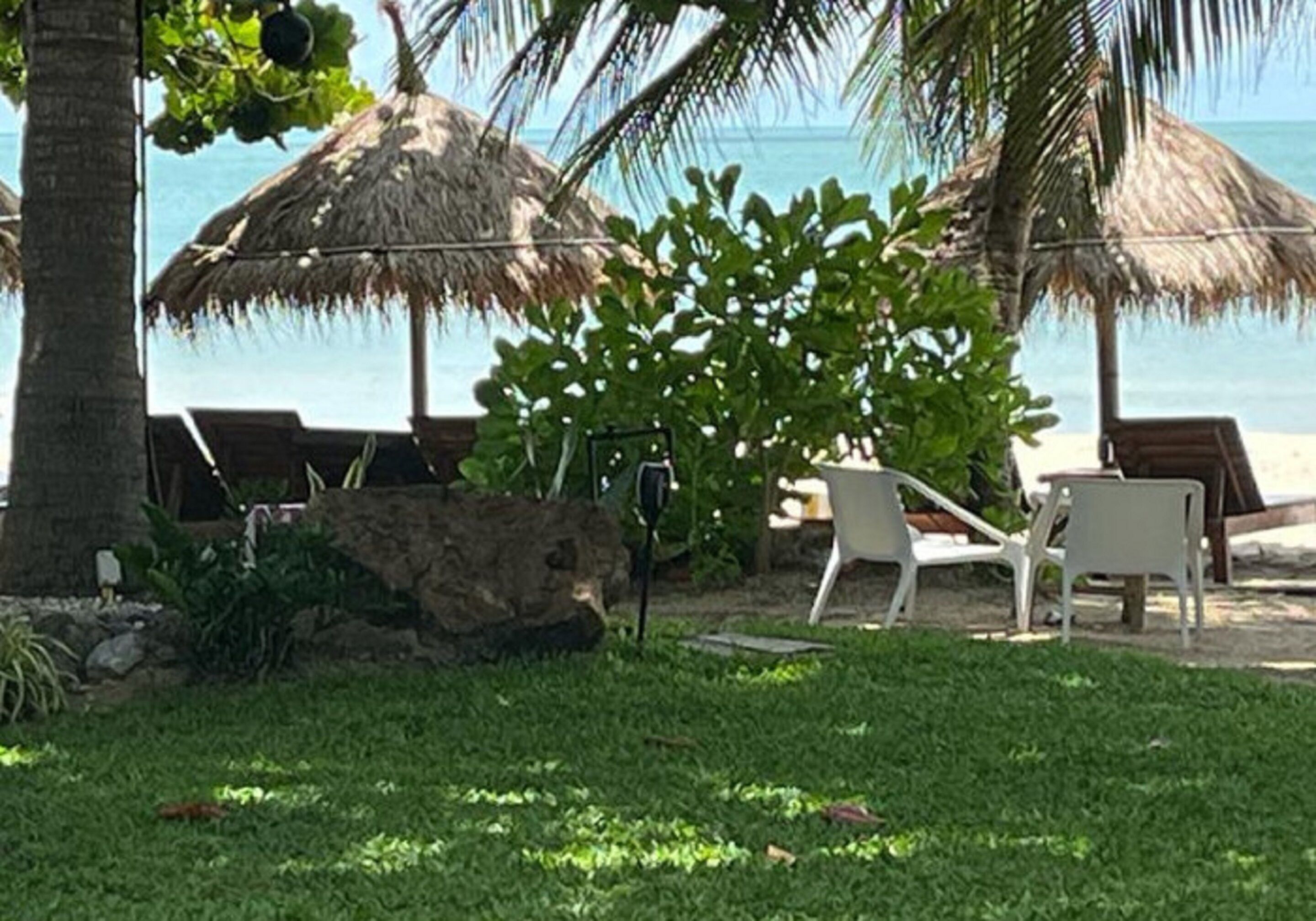 Un área de descanso frente a la playa, con sombrillas de paja, sillas reclinables y una pequeña formación rocosa.