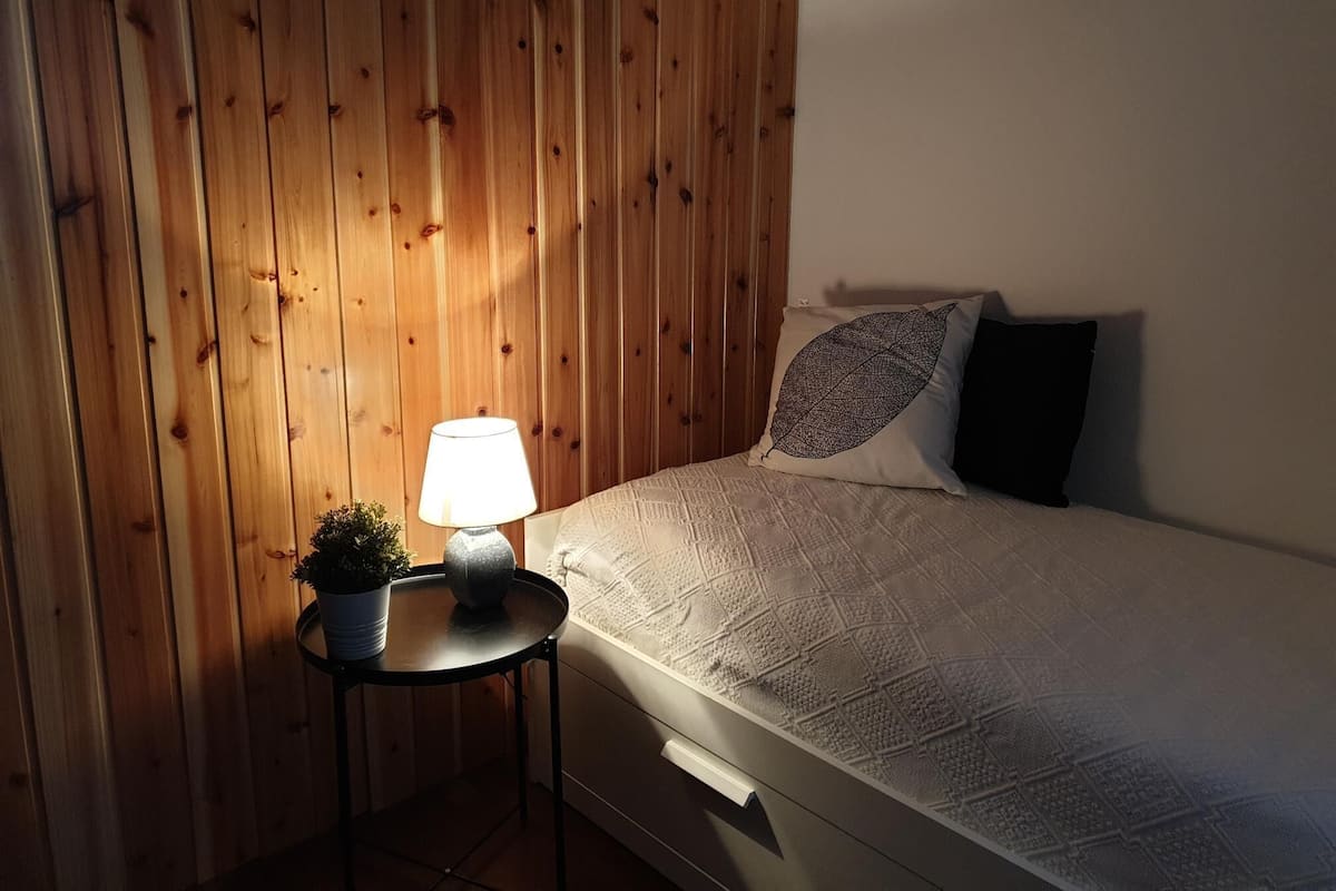 A bedroom with a wooden wall, a bedside table with a lamp, a potted plant, and a bed with patterned bedding and pillows.
