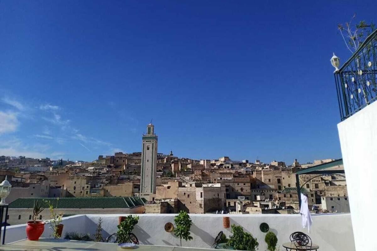 A rooftop terrace with potted plants, a metal railing, and a view of a densely packed cityscape with a prominent tower.