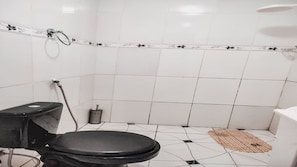 Chuveiro, toalhas de banho, sabonete, papel higiênico