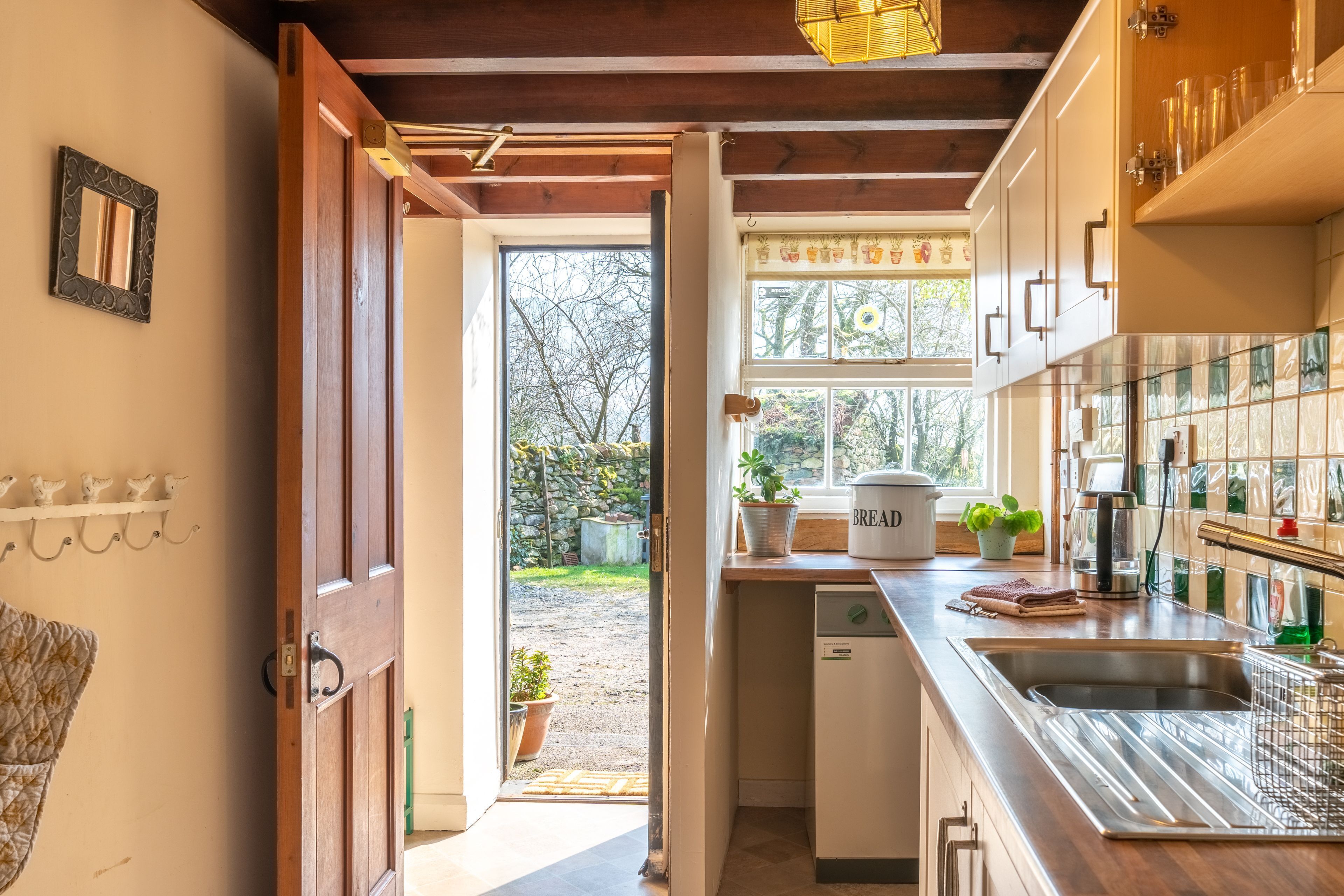 Fridge, microwave, oven, dining tables