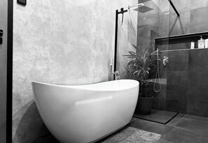Bathtub, hair dryer, towels, soap