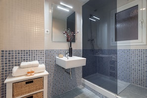 Shower, hair dryer, towels