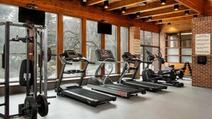 A gym with treadmills, a weight bench, and a TV screen. - Valhalla Hotel and Conference Centre (Thunder Bay)