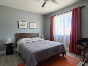 3 bedrooms, desk, blackout drapes, iron/ironing board