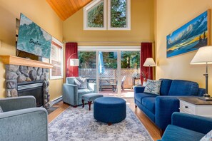 Smart TV, chimenea, libros