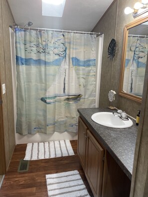 Combined shower/bathtub, hair dryer, towels, toilet paper