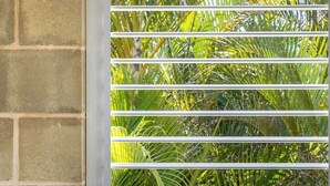Ein Fenster mit horizontalen Rollläden, die teilweise geöffnet sind, gibt den Blick auf Palmen frei.