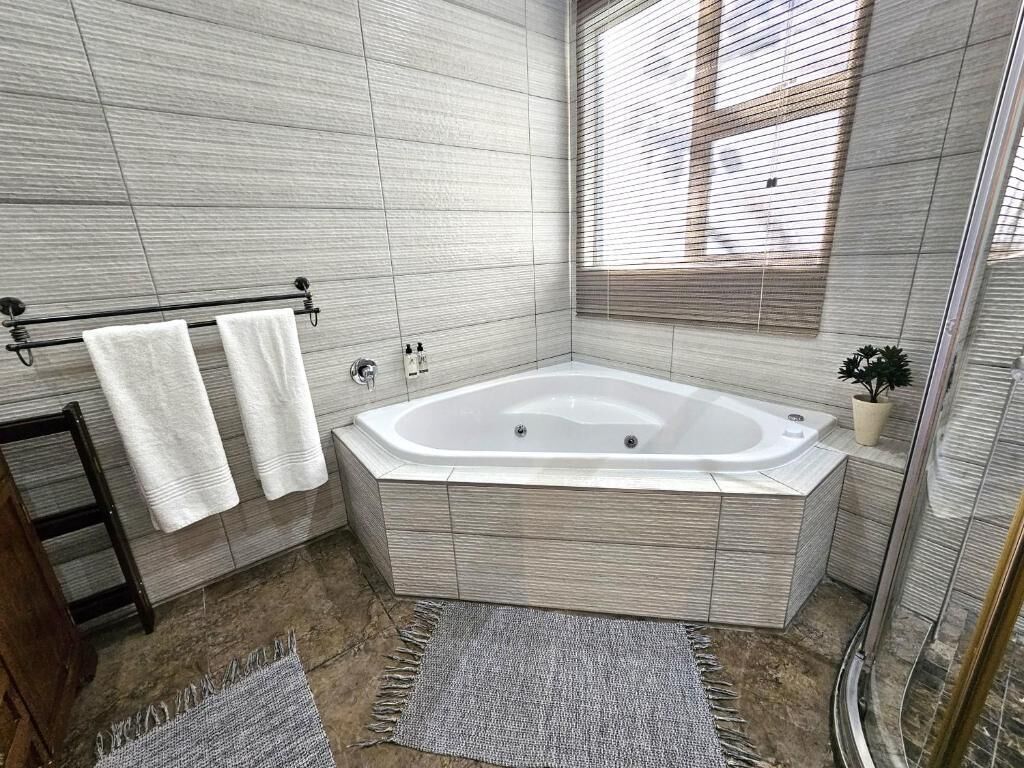 Une salle de bain moderne avec une baignoire sur pieds, un porte-serviettes avec deux serviettes et une petite plante en pot.