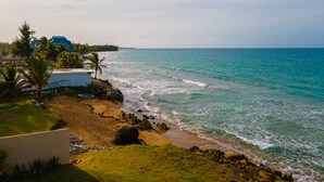 A coastal view with a beach, palm trees, and a building with a blue roof. - Jewel in the sky, joy on the beach: beachfront penthouse, views of El Yunque (Luquillo)