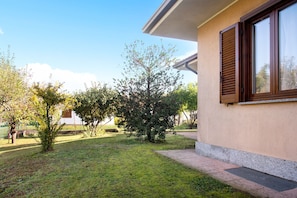 Un bâtiment avec une fenêtre et une porte, un petit arbre et une zone herbeuse.