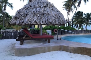 Relax by the pool surrounded by palm trees and a wooden pier.