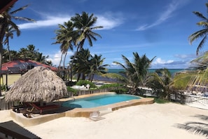 Relax by the ocean with a pool and lounge chairs amidst palm trees.