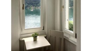 A corner room with a window overlooking a lake and a small table with a plant.