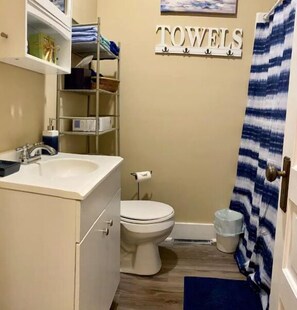 Combined shower/bathtub, hair dryer, towels, soap