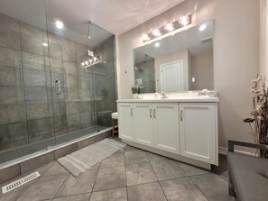 Combined shower/bathtub, hair dryer, towels, soap