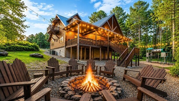 Un chalet doté d’un foyer extérieur, d’une terrasse en bois et de meubles pour s’asseoir à l’extérieur.